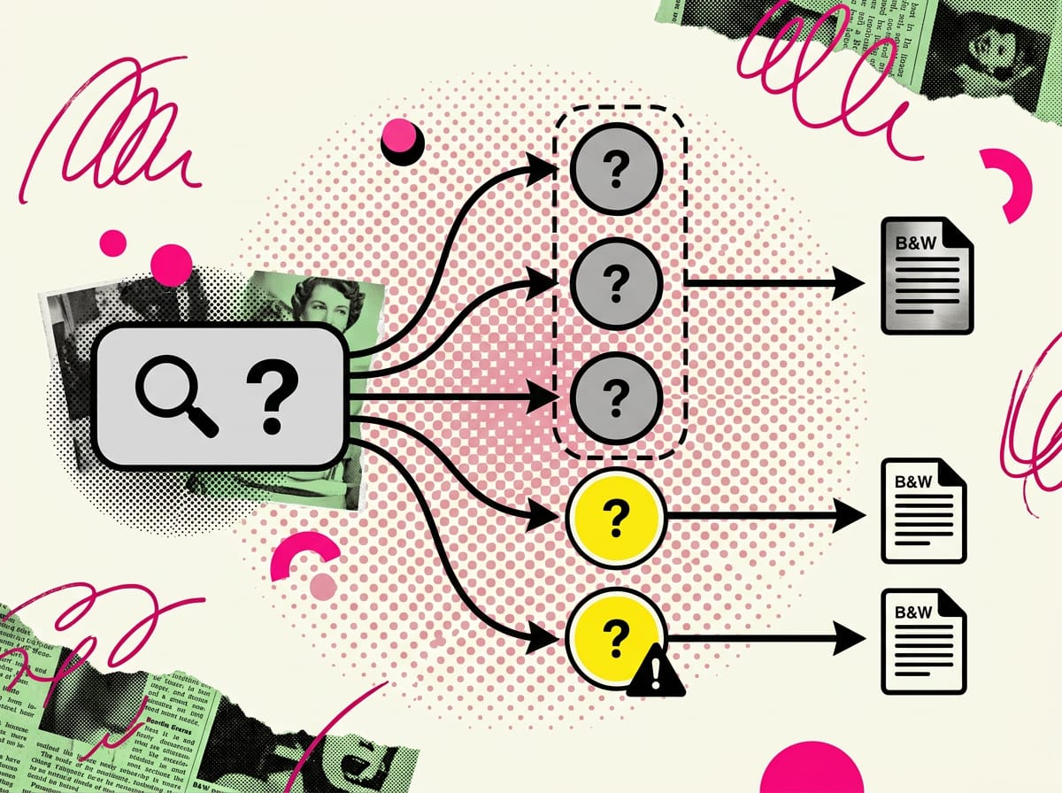 Diagramma ad albero: una domanda principale si dirama in cinque sotto-domande, tre raggruppate in un unico articolo e due collegate ciascuna a una pagina a sé.