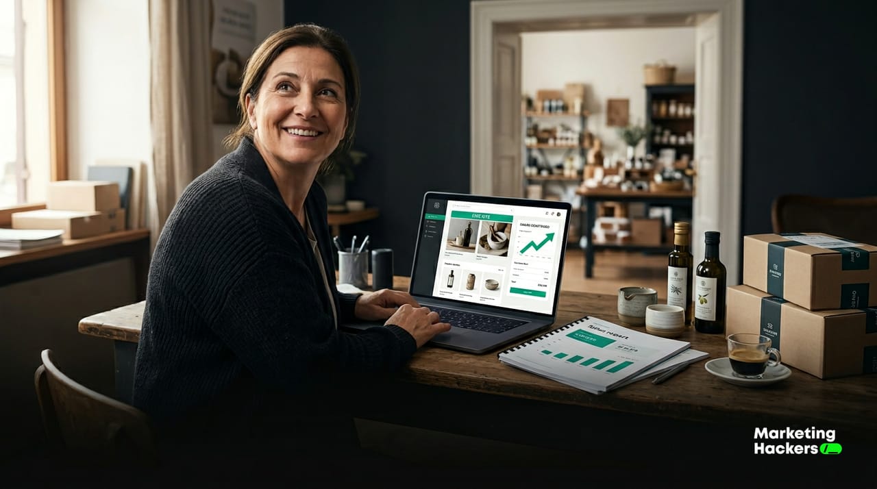 Imprenditrice confronta tre bozze di sito stampate — un sito vetrina, una landing page e la mappa di un sito multipagina — accanto a un portatile, alla scrivania