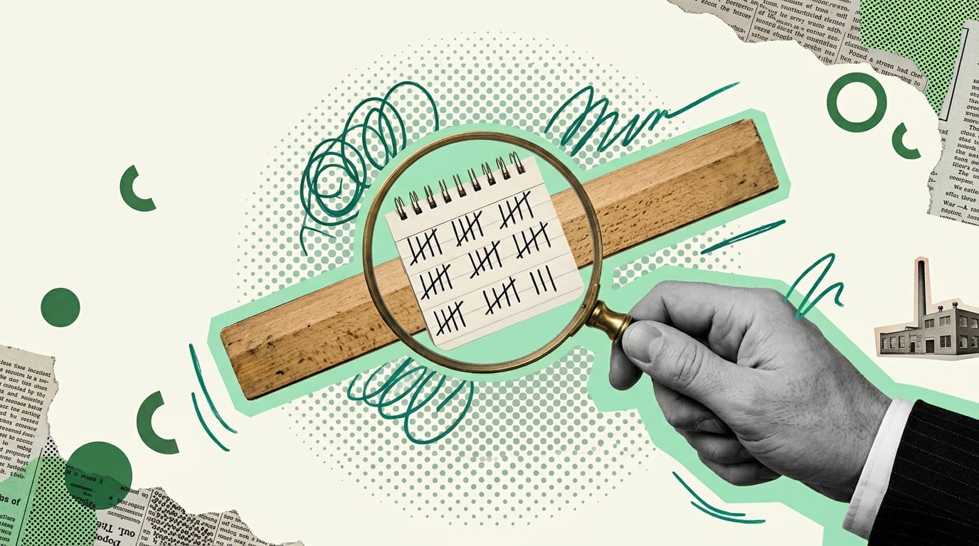 Una mano con una lente d'ingrandimento osserva un righello senza tacche, mentre nella lente compaiono misure annotate a mano