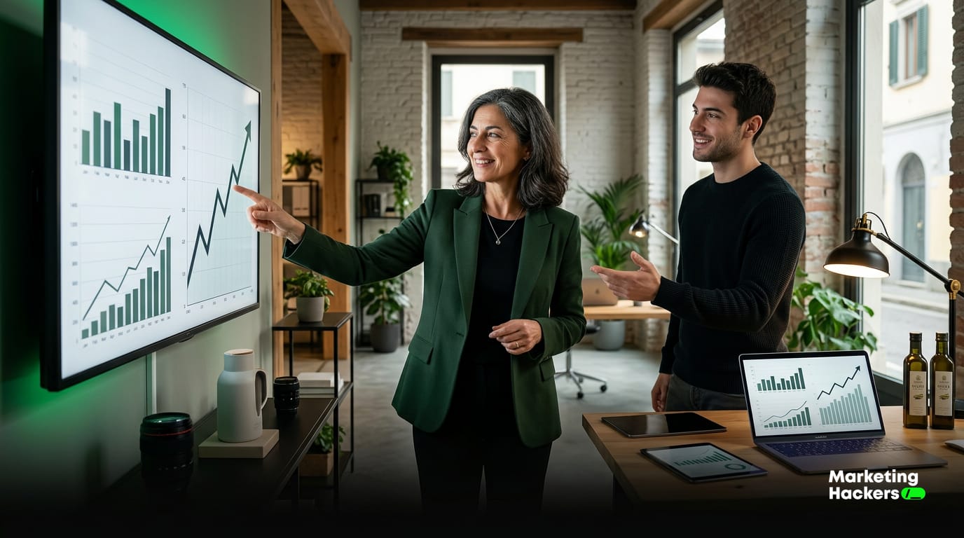Titolare di una PMI italiana pianifica il calendario dei contenuti alla scrivania con laptop e appunti
