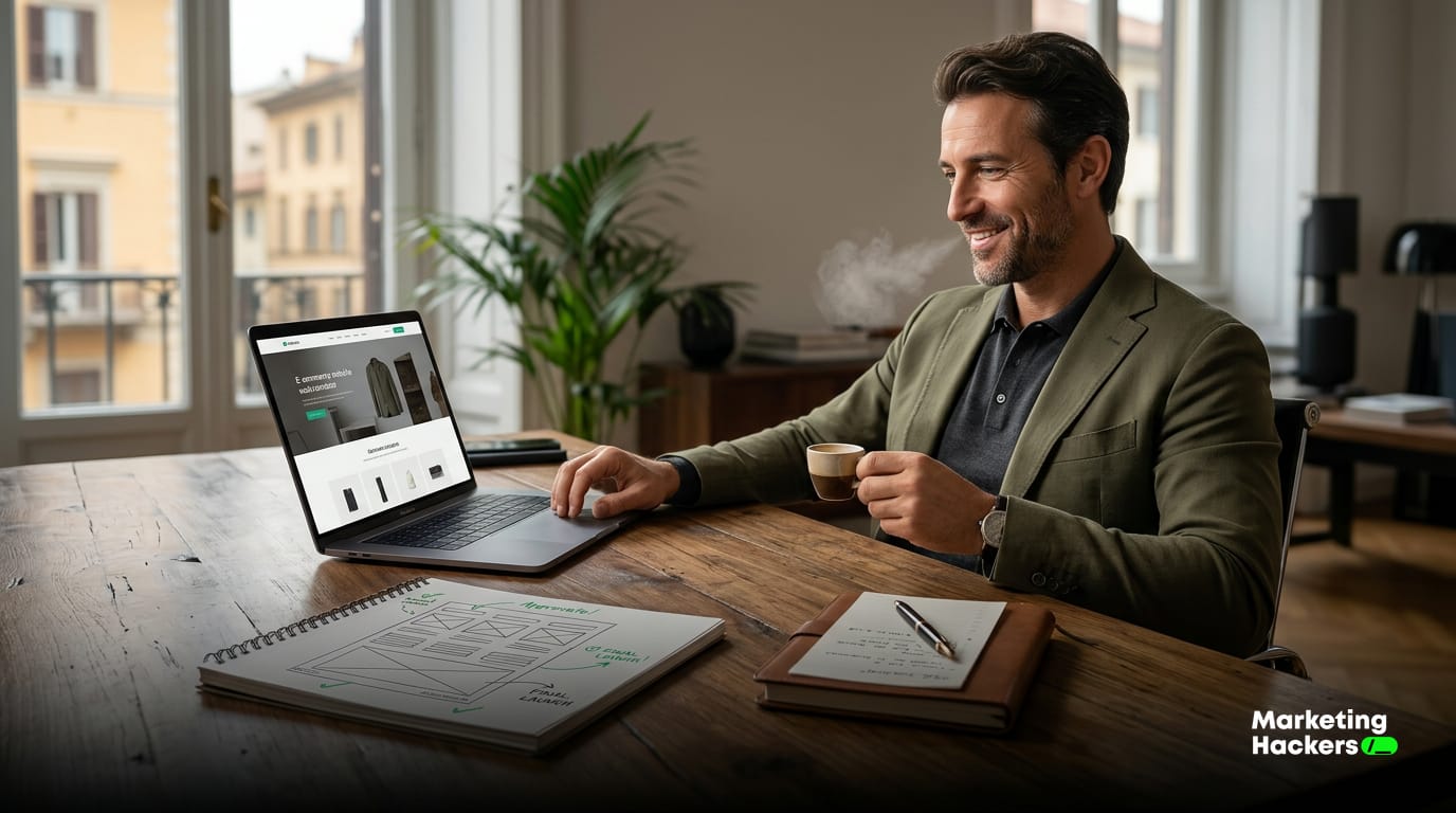 Imprenditrice di una PMI rivede il layout di un sito sul portatile alla scrivania, con uno schizzo del wireframe e un caffè, alla luce naturale