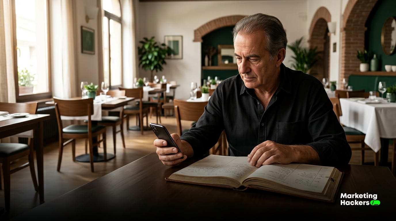Titolare di ristorante rivede i numeri della serata al laptop in sala dopo il servizio